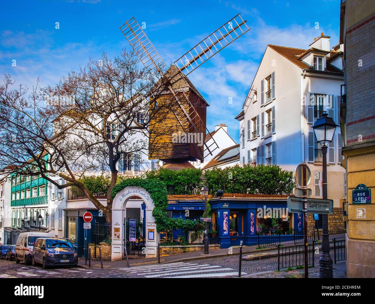 Paris, France, Feb 2020, `Le Moulin de la Galette` a restaurant housed in an old mill in Lepic street in the heart of Montmartre district Stock Photo